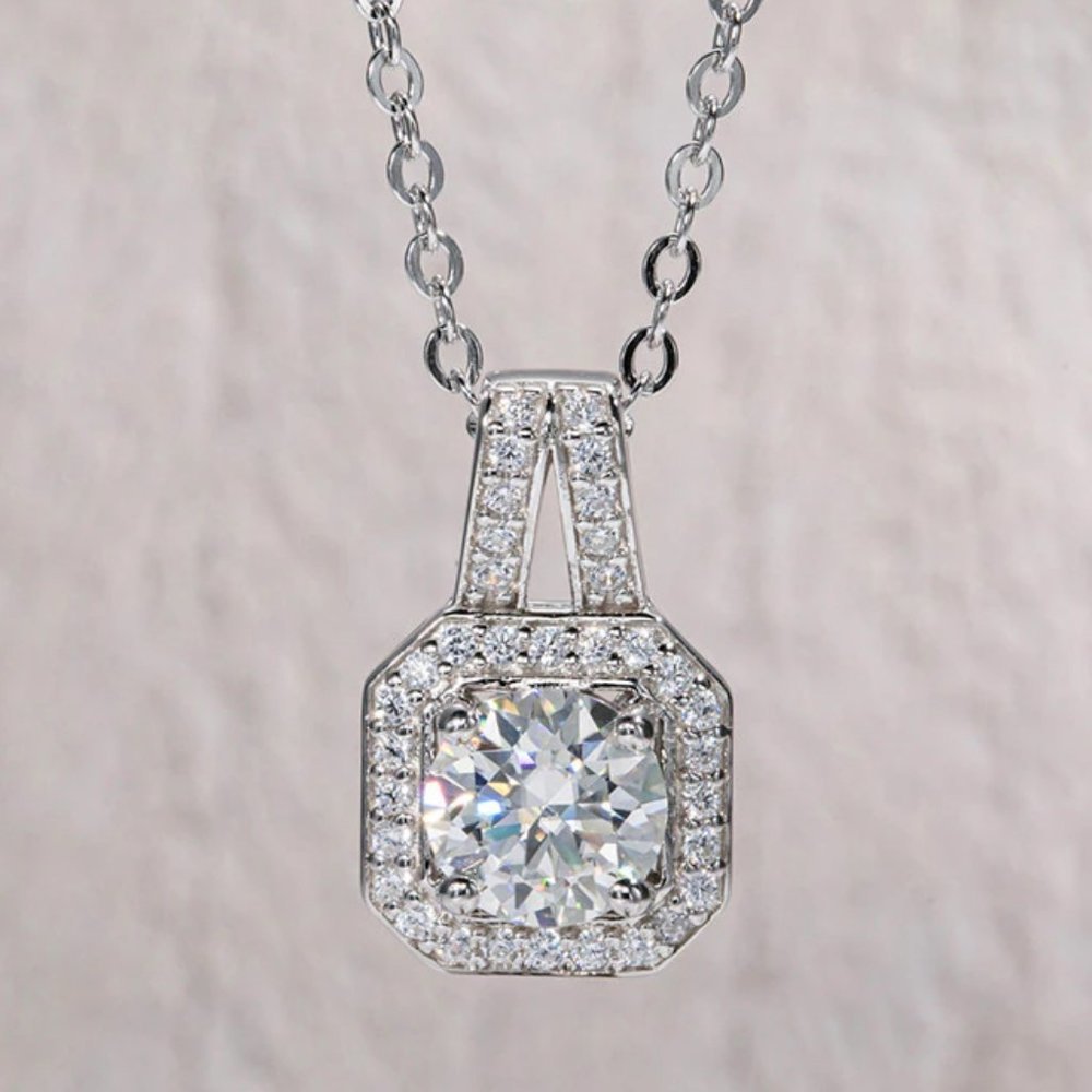 Certified 1ct. t.w. Moissanite Diamond Square Halo Pendant Necklace NEW